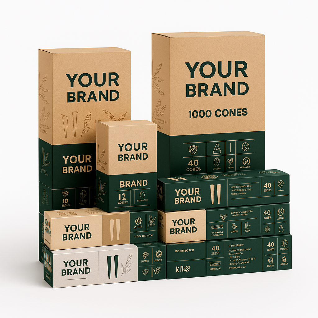 Custom brand packaging for pre rolled cones including single packs, multi-cone slider boxes, and jar packs