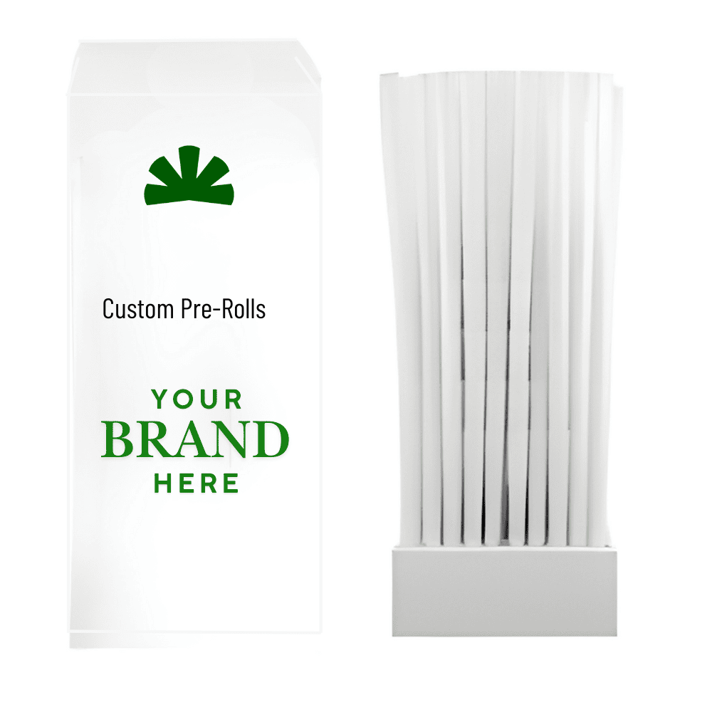 Image of white pre-roll cone packaging with customizable branding for NORML Cones.