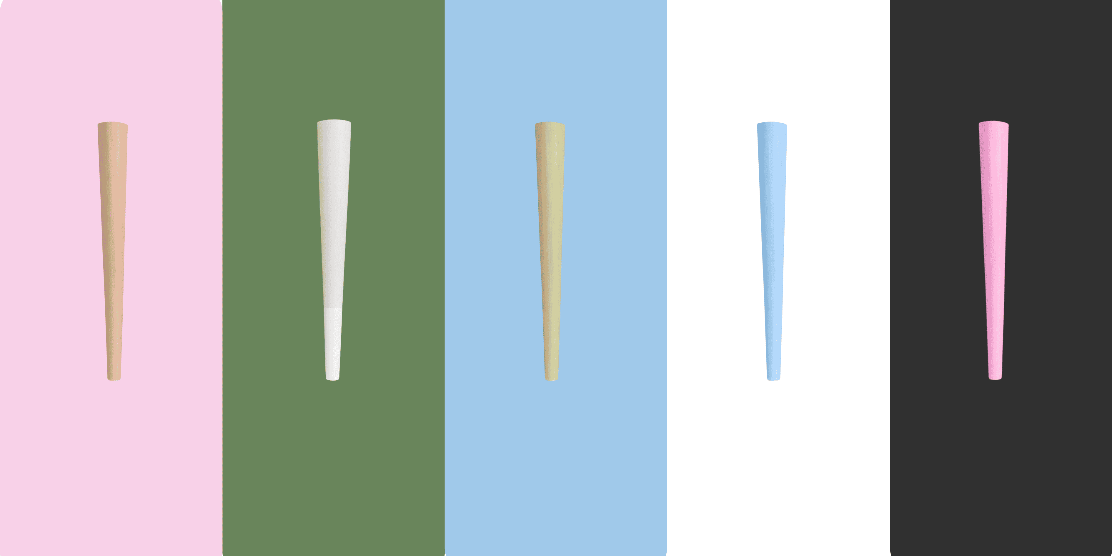Five custom pre-rolled cones in brown, white, pink, green, and blue, showing color options for branded cannabis pre-rolls